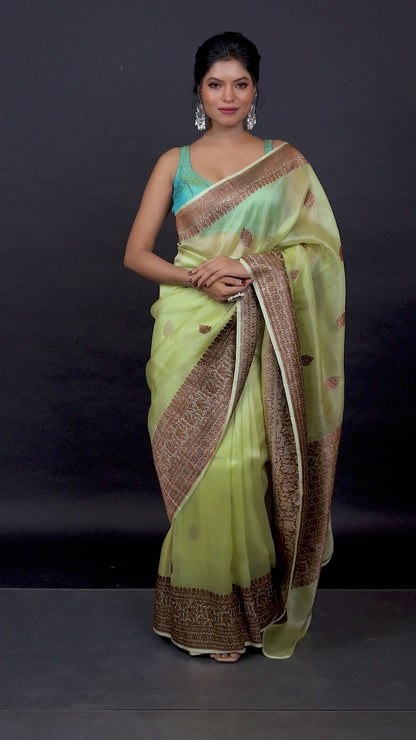 Pista Pure Organza Silk Banarasi Handloom Saree with Zari work