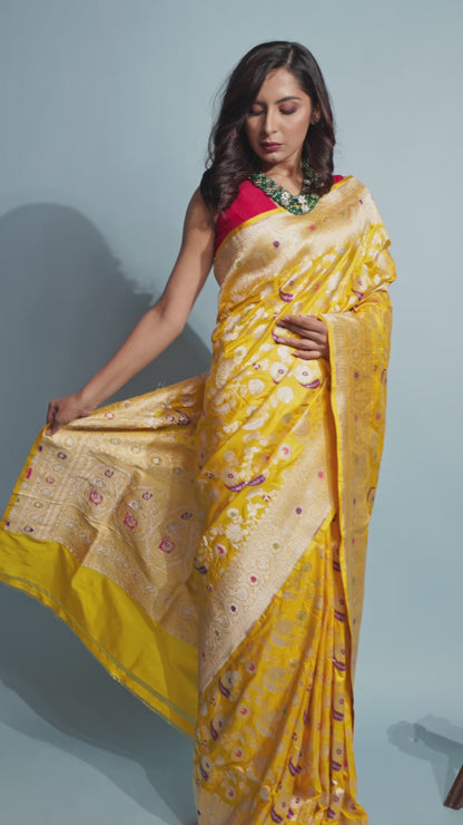 Yellow Meena Pure Katan Silk Banarasi Handloom Saree with Zari work