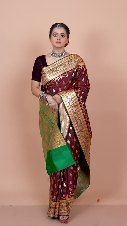 Green-Maroon Banarasi Semi-Silk Saree with Zari work