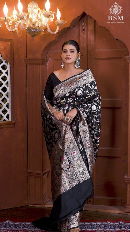 Black Meena Pure Katan Silk Banarasi Handloom Saree with Zari work