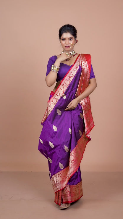 Purple-Red Pure Katan Silk Banarasi Handloom Saree with Zari work