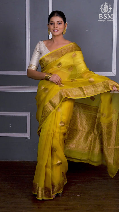 Yellow Pure Organza Silk Banarasi Handloom Saree with Zari work