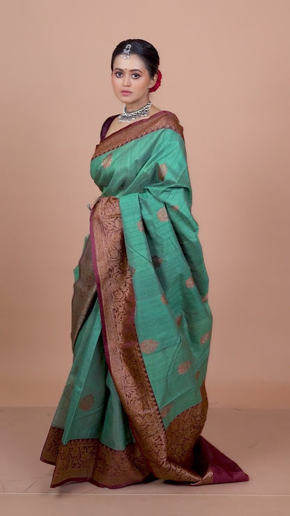 Dual Color Pure Tusser Silk Banarasi Handloom Saree with Zari work