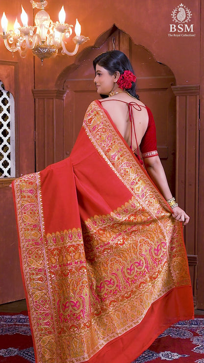 Red Meena Pure Chiniya Silk Banarasi Handloom Saree with Zari work