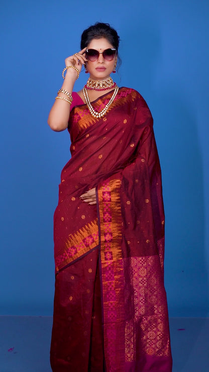 Wine Color Viscose cotton Banarasi Saree