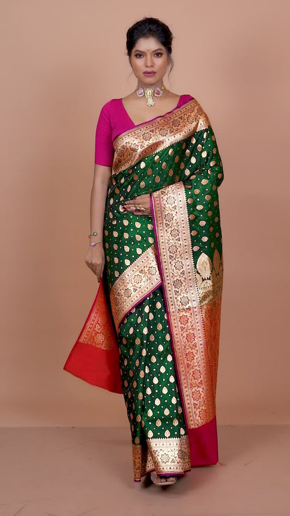 Green-Red Banarasi Semi-Silk Saree with Zari work